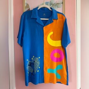 Men’s Disney Pixar Inside Out Joy button Hawaiian shirt color-block resort NWT S